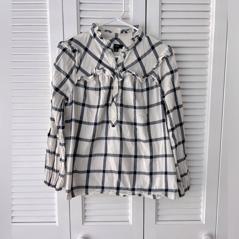 JCrew, off white and navy, popover, ruffle, XS